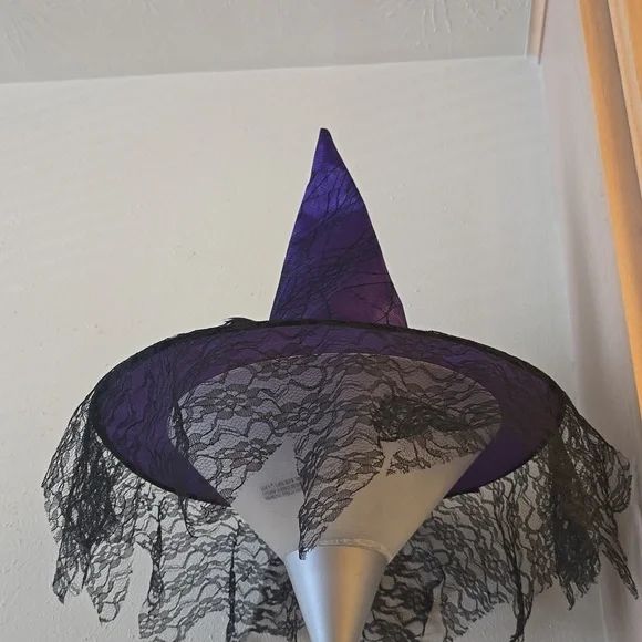 Halloween Witch Hat Purple Costume Skull Spider Web Lace - Picture 7 of 7